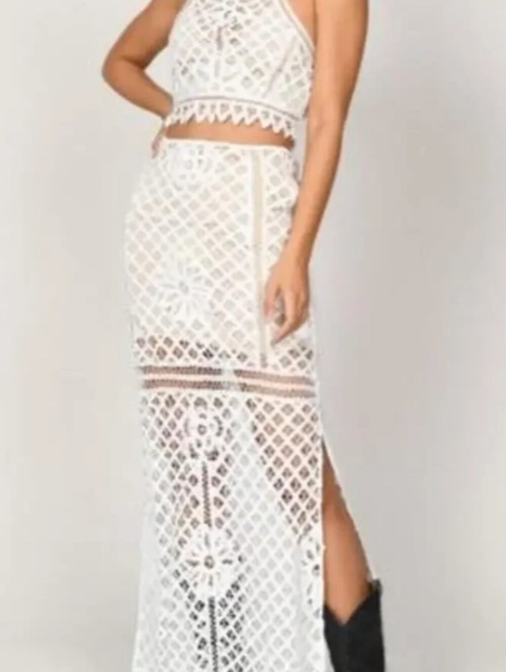 Nwt Y2K Festival Fairycore White Crochet Lace Maxi Skirt with Side Slit Boho
